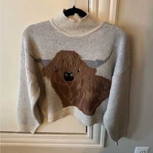Cozy Cream Sweater with Highland Cow Design-Anthropologie